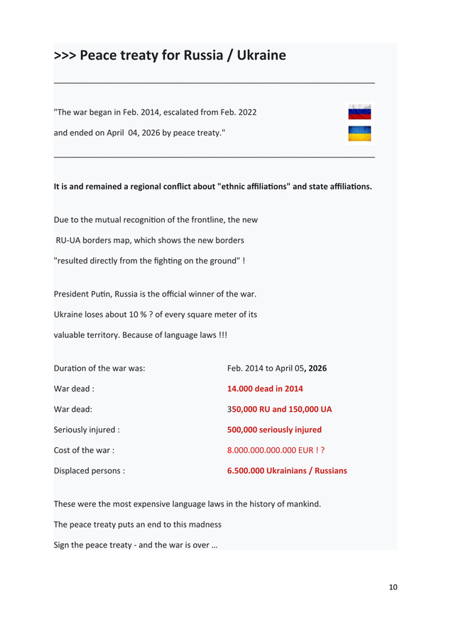 Draft : Peace-Contract-Proposal in English - for Russland-Ukraine war The actual 5 th version 10.02.2026 contains now Donbas Regulation. Its the signatures that count. 
