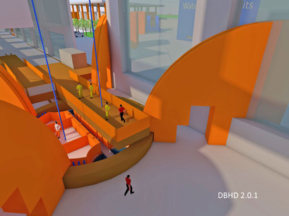 Schacht-Kopf DBHD Endlager - da laufen viel Seile und Rohrleitungen zusammen  - Zwei Körbe am Seil - Längs- und Quer-Belieferung - offener Schacht - Förderturm überdacht