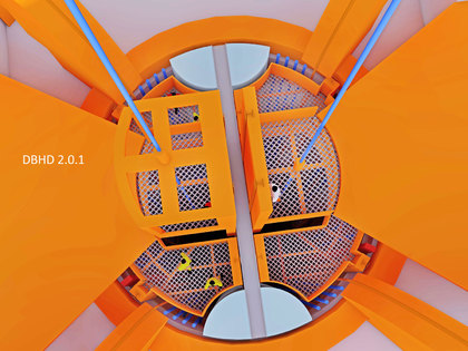 Schacht-Kopf DBHD Endlager - da laufen viel Seile und Rohrleitungen zusammen  - Zwei Körbe am Seil - Längs- und Quer-Belieferung - offener Schacht - Förderturm überdacht