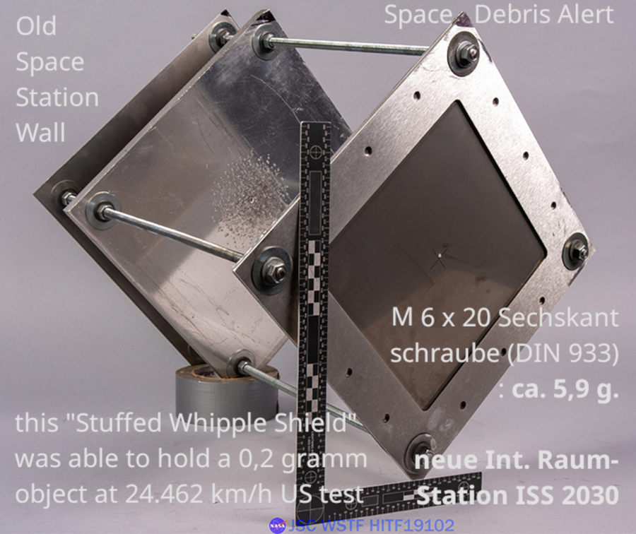 >>> Dieser Wandaufbau hat 0,2 Gramm Stahl draußen gehalten - Die neue ISS 2030 soll aber Schrauben aus dem fliegenden Weltraum-Schrott standhalten. Die Umwelt-Verschmutzung im Weltraum zwingt zu mehr Transportgewicht.