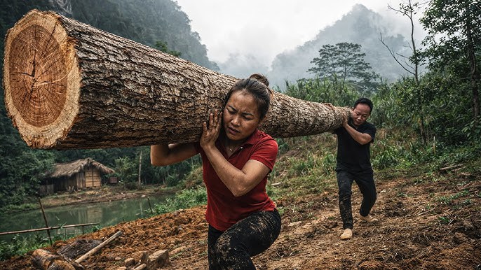 In Hagen tragen Bürgereld Empfänger Holzstämme mit einem Rettungstuch aus dem Wald