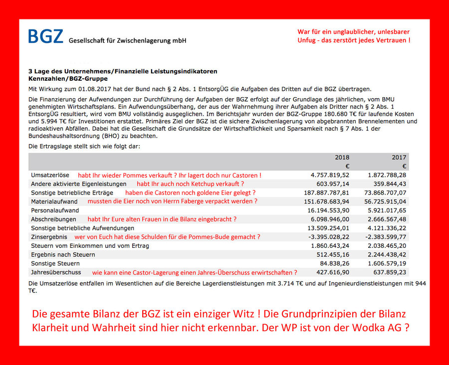 >>> Die BGZ lagerte in 2018 HLW Castor Container in 2 Zwischenlagern - und jetzt sehen Sie sich mal die G+V und die Bilanz an - da stimmt etwas nicht #BGZ #Zwischenlagerung #Castoren #Wirtschaftskriminalität