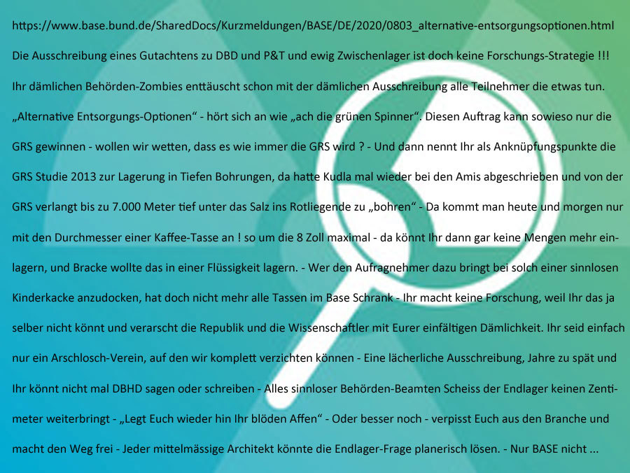 >>> Das BASE Berlin ist ohne jede Forschungs-Strategie - die Dummheit der Behörden-Beamten ist nicht mehr zu steigern - ist alles völlig sinnlos #BASE #Sinnlos - Forschungs-Ausschreibung ? - https://lnkd.in/drMPjGu
