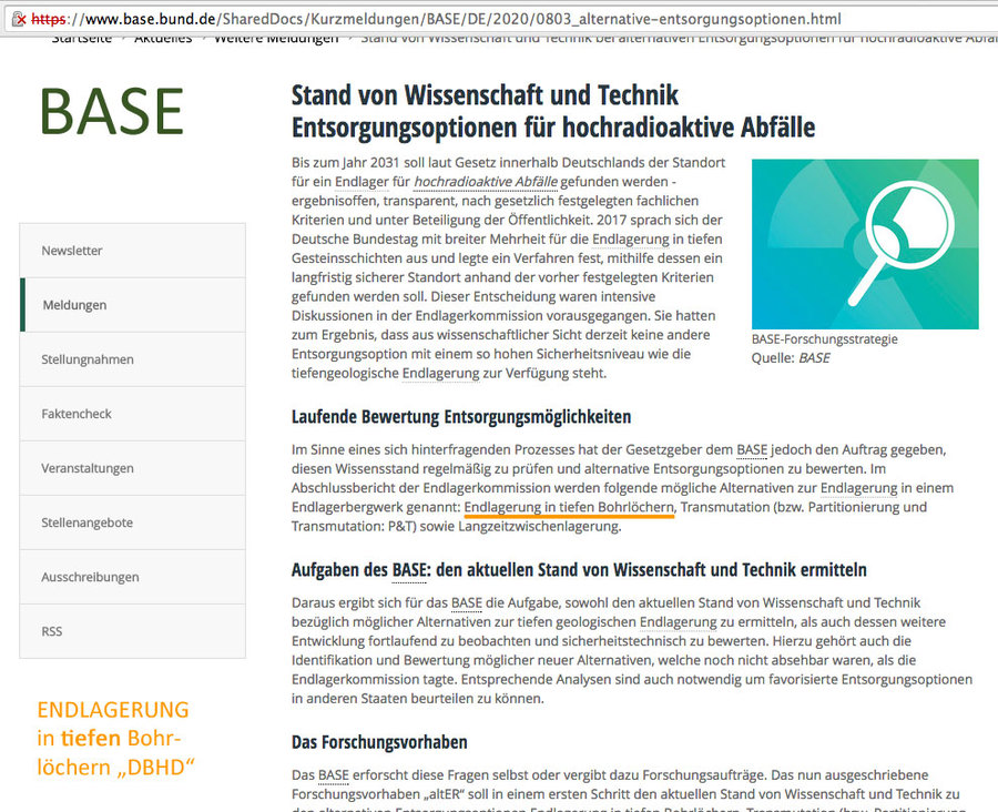 Begleit-Text zur Ausschreibung zur gutachterlichen Bewertung der Endlagerung in tiefen Bohrlöchern